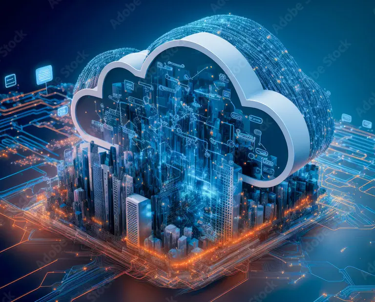 Cloud computing concept over futuristic digital city