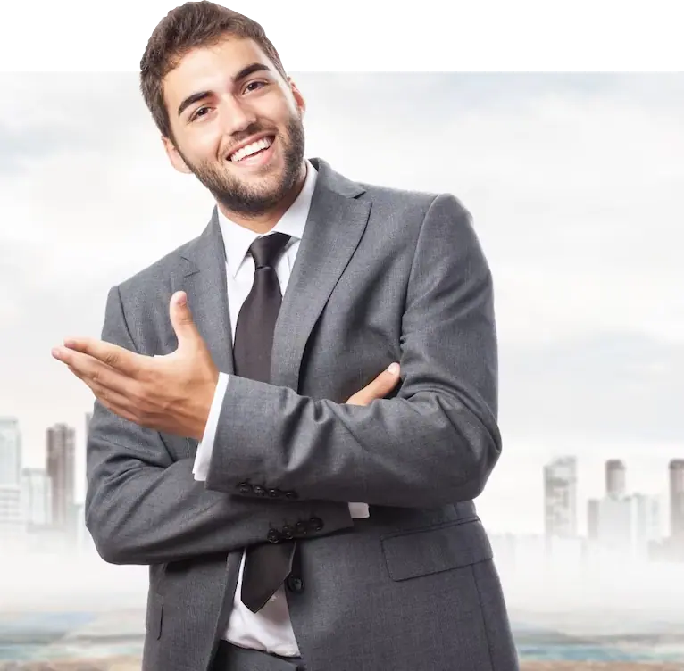 Smiling businessman in gray suit gesturing confidently