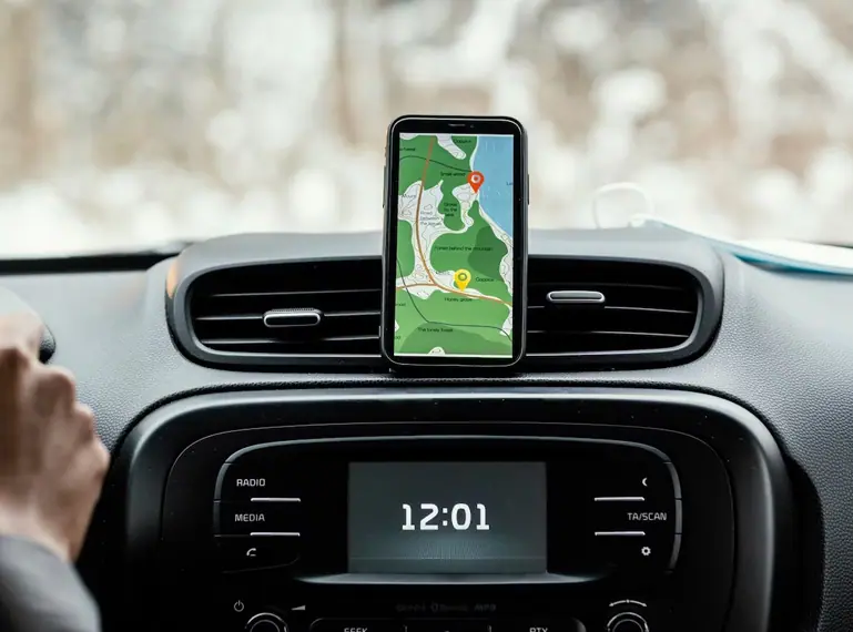 Smartphone with GPS navigation mounted on car dashboard