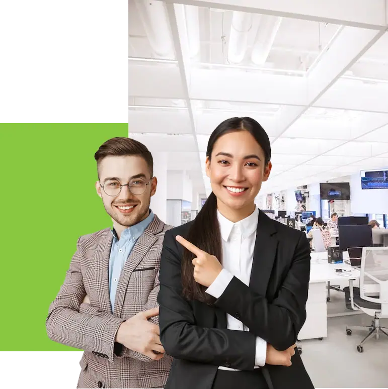 Two business professionals smiling in modern office