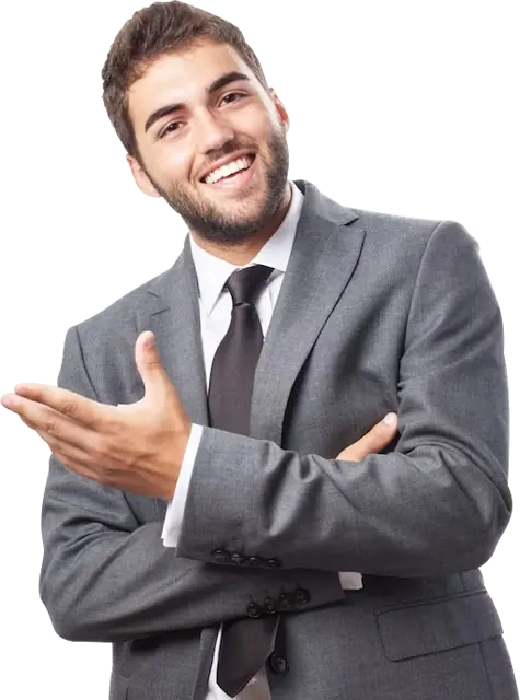 Smiling businessman in gray suit gesturing sideways
